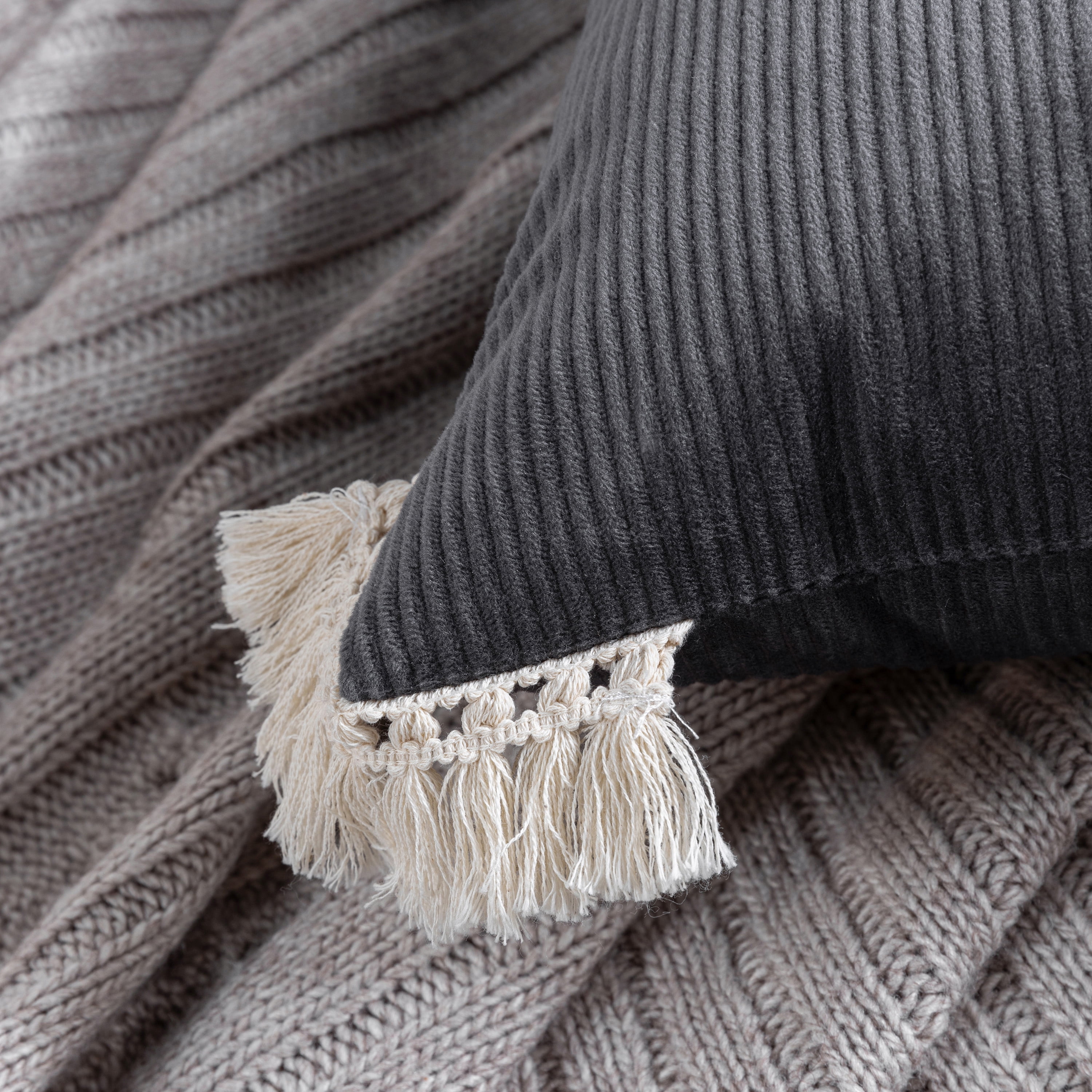 Phantoscope Soft Corduroy Velvet Decorative Throw Pillows with Cotton Tassel Trim, 12 x 20 in, Light Gray, 2 Pack