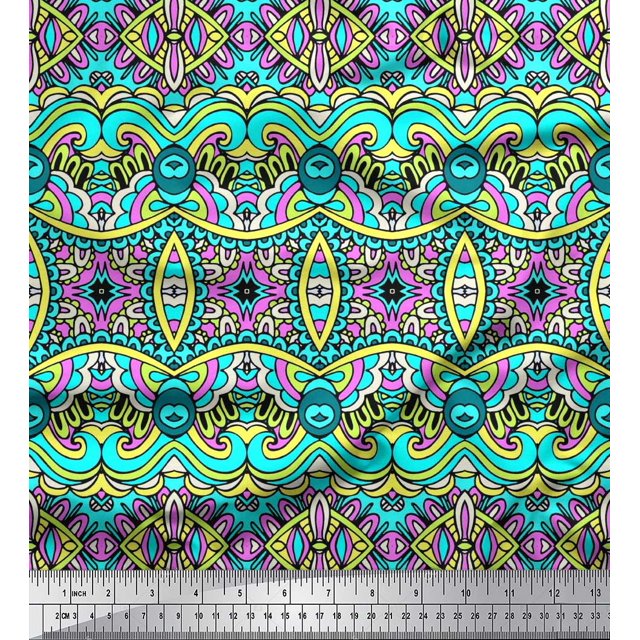 Soimoi Polyester Crepe Fabric Geometric & Paisley Decorative Print Sewing Fabric Yard 52 Inch Wide