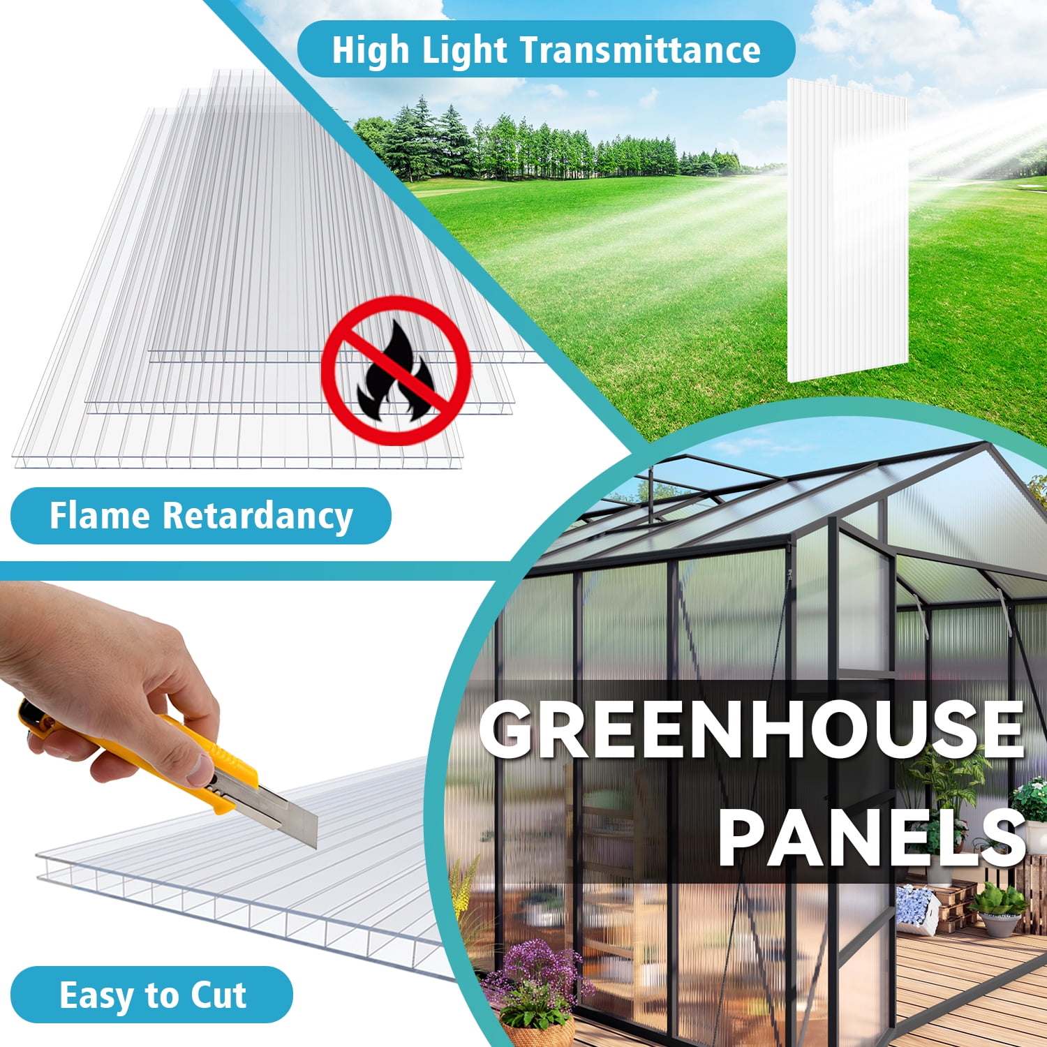 Miniyam 6 Pack 5' x 2' Twin-Wall Polycarbonate Greenhouse Panels, High Light Transmission Insulated Sheets for Glass Roofing Replacement, Balcony Divider