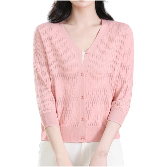 Coats for Women Solid Button Cardigan Neck Three-Quarters Sleeve Knitted
