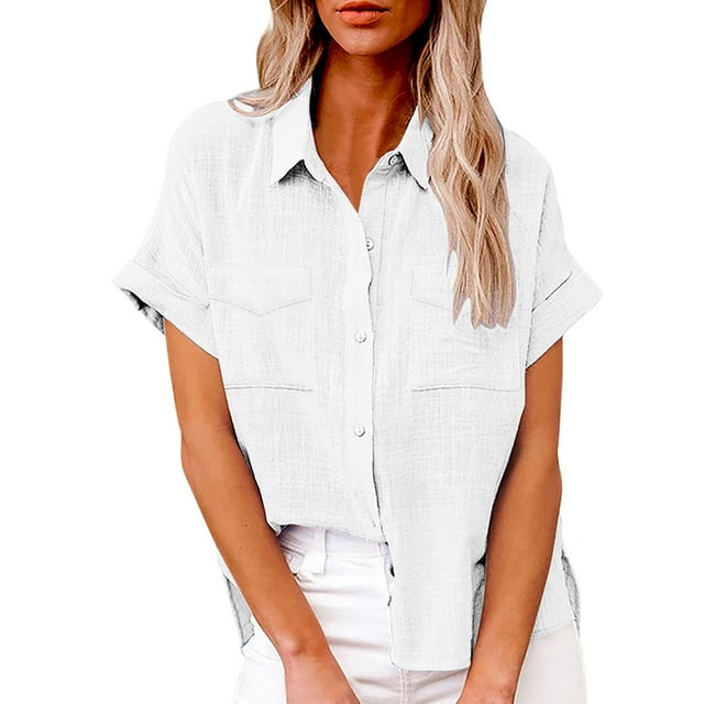 asjyhkr Blouses for Women Button down Short Sleeve T Shirt Solid Color Fashion Summer Tops Solid Color