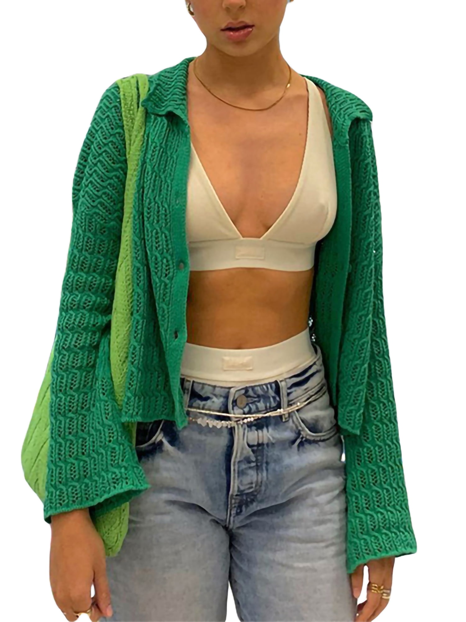 Canis Womens Fairy Cardigan Solid Color Knitted Crochet Pattern Lapel Button Down Long Sleeve Buttons Sweater Coats, Women's, Size: Large, Green