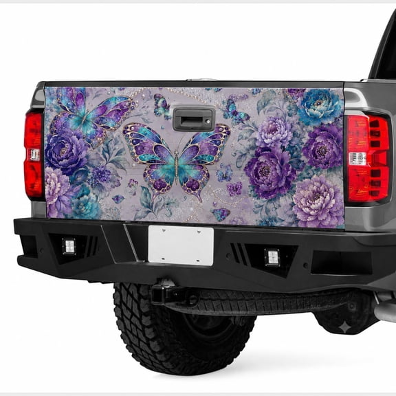 Emacom Ltd _Purple Butterfly Tailgate Wrap, Floral Truck Tailgate Decal, Vintage Garden Pickup Tailgate Graphic