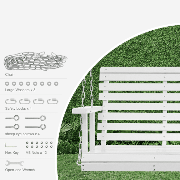 Wooden Porch Swing 4.5 ft, Patio Swing Bench, 880 lbs Capacity, Outdoor Swing Chair, Heavy Duty Garden Swing, White