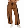thumbnail image 2 of Women's Elastic Waist Wide Leg Baggy Drawstring Waisted Contrast Color Workout Track Pants for Casual Work Light Brown XXL, 2 of 7
