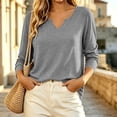 thumbnail image 3 of Long Sleeve V-Neck T-Shirt for Women Oversized Loose Fit Solid Color Basic Pullover Casual Everyday Fall Winter Top, 3 of 8