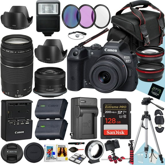 Canon EOS R7 Mirrorless Camera with 18-45mm and 75-300mm Lens   128 GB Memory   Hood   Spare Travel Charger   Filters   Tripod   More (33pc Bundle)