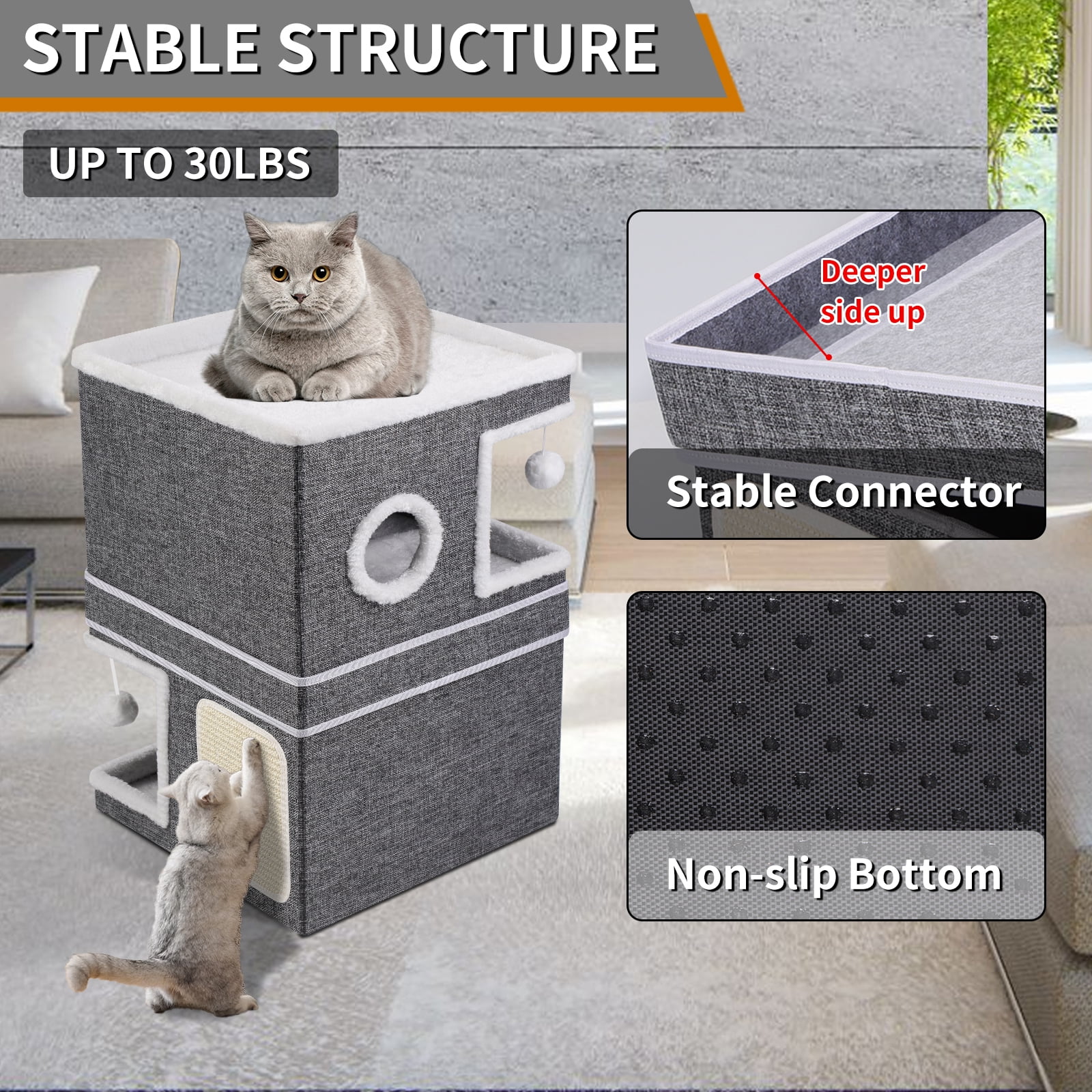 Cat Bed for Indoor Cats 2-Storey Cat House,Covered Cat Cave Beds&Furniture with Scratch Pad and Hideaway Condo