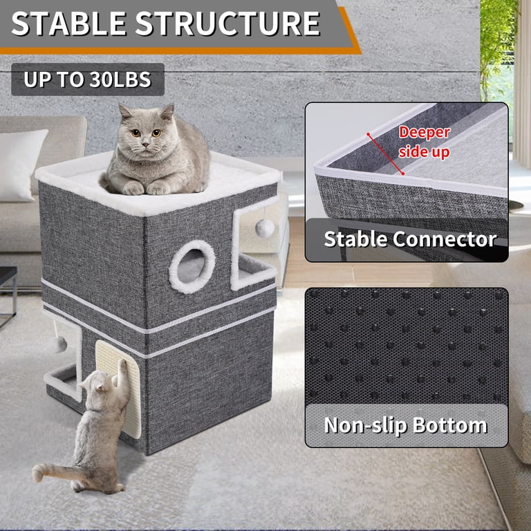PINETUX, 2-Storey Cat House, Gray, Foldable and Portable Indoor