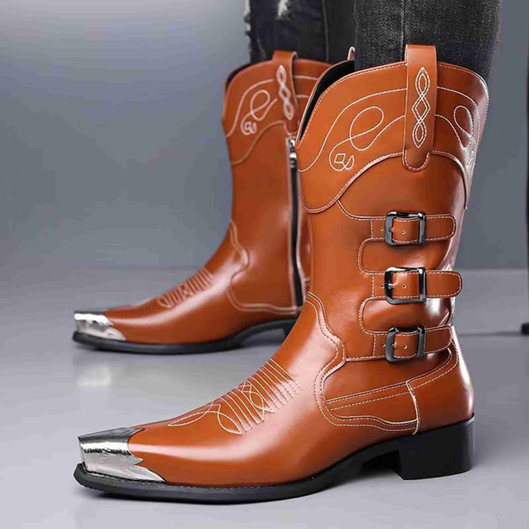 Men's Square Metal Cap Toe Cowboy Boots, Triple Buckle Side Zipper