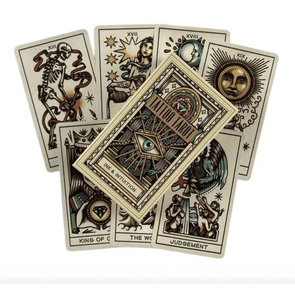 Tattoo Tarot Rider-Waite – 78 Cartas de Tarot (10x6 cm) + Manual Digital – Baraja de Estilo Tatuaje Tradicional