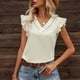 thumbnail image 3 of Tops sin mangas con volantes para mujer, colores puros, camisetas casuales con cuello en V para citas y compras, 3 of 5