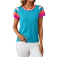 thumbnail image 2 of Women's Short Sleeve Color Block Tops Crewneck Pullover Sweater Knit Clothes Top for Casual Beach Vacation Blue S, 2 of 9