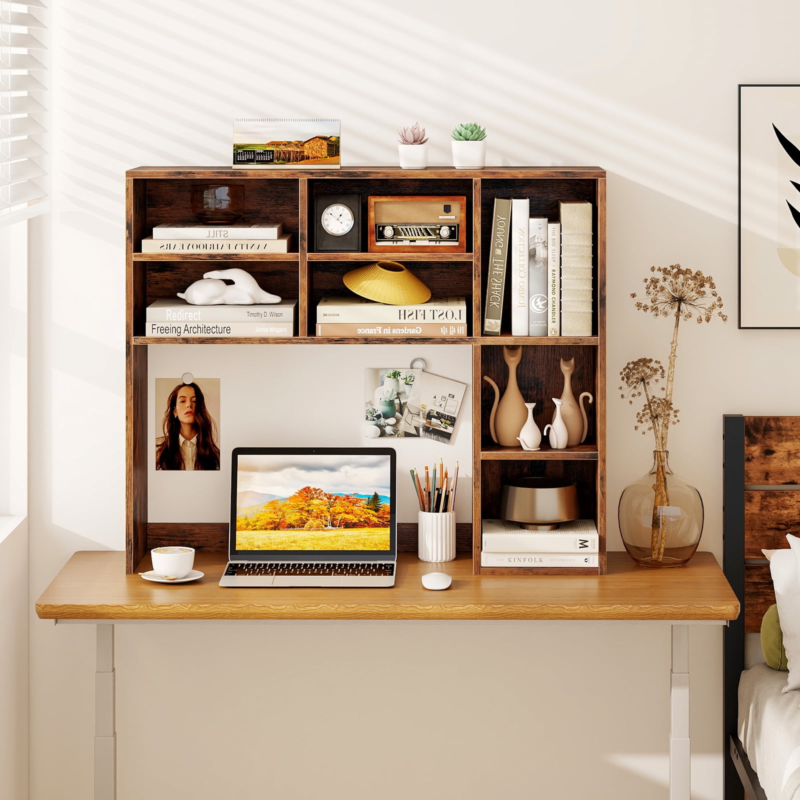 Topbuy Desktop Bookshelf 37" Countertop Storage Hutch with 7 Cubes & 3 Adjustable Shelves 3-Tier Desk Display Rack Organizer Desktop Hutch Brown