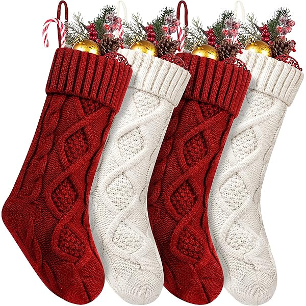 wonima44 Christmas Stockings, 4 Pack 18" Large Cable Knit Stocking Gifts & Decor for Family Holiday Xmas Party, Burgundy&Ivory