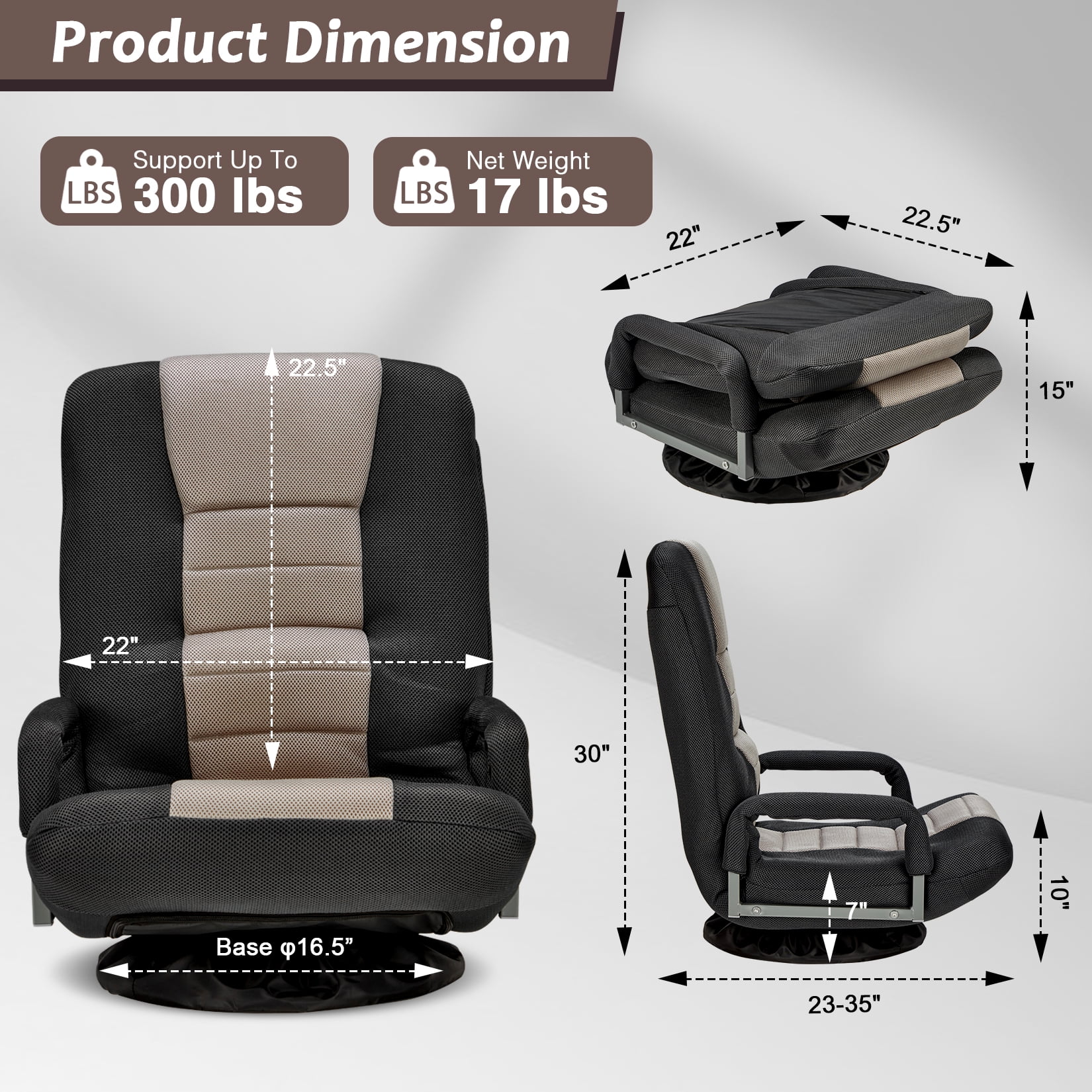 Avocahom Swivel Gaming Floor Chair w/ Armrest Handles, No Assembly gaming chair rocker, Folding Reclining Sofa w/6 Position Adjustable Backrest for Video Games, Watching TV, Reading,Gray