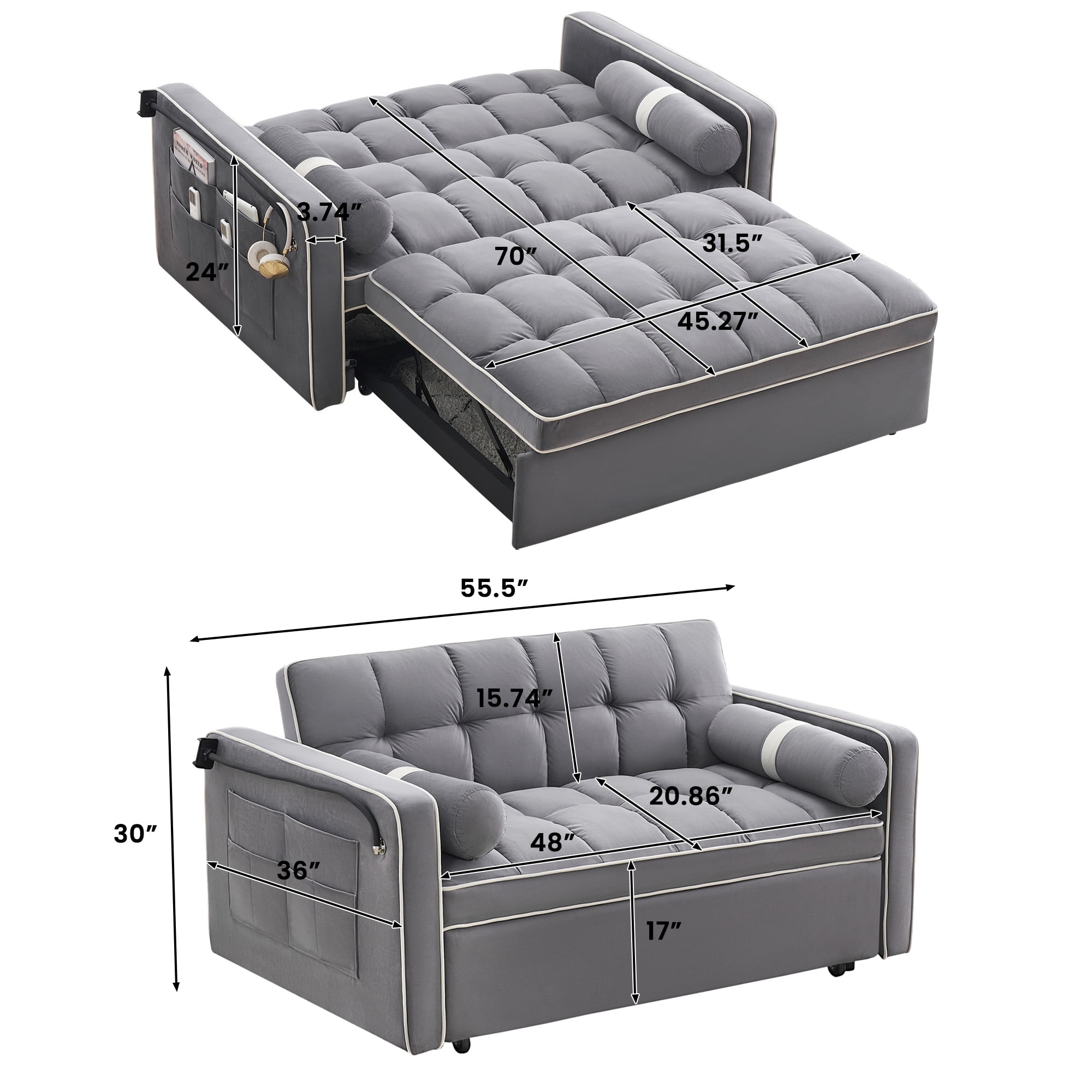 DEALTOPS 3 in 1 Sofa Bed, 55" Loveseat Sleeper with Two Pillows & Phone Stand, Gray