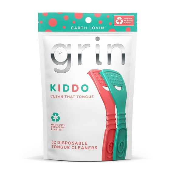 GRIN Kiddo Tongue Cleaner, 32 Count, Disposable Tongue Cleaner, Hygienic Scraper, Jumbo Grip, Recycled Plastic, Keep Kiddos Healthy, Promote Fresh Breath