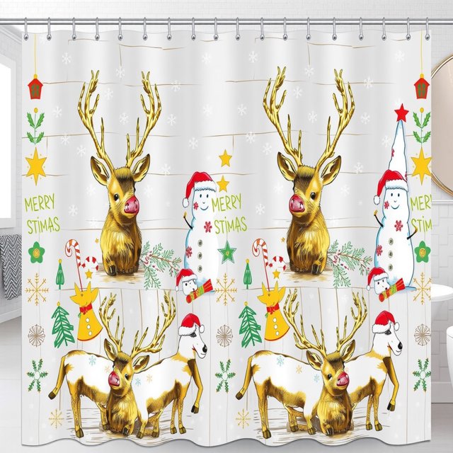 Festive Wood Plank Shower Curtain with Reindeer & Snowmen - "Merry Stimas" Design
