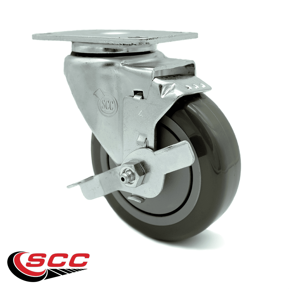 4 Inch Gray Polyurethane Wheel Swivel Top Plate Caster with Brake SCC