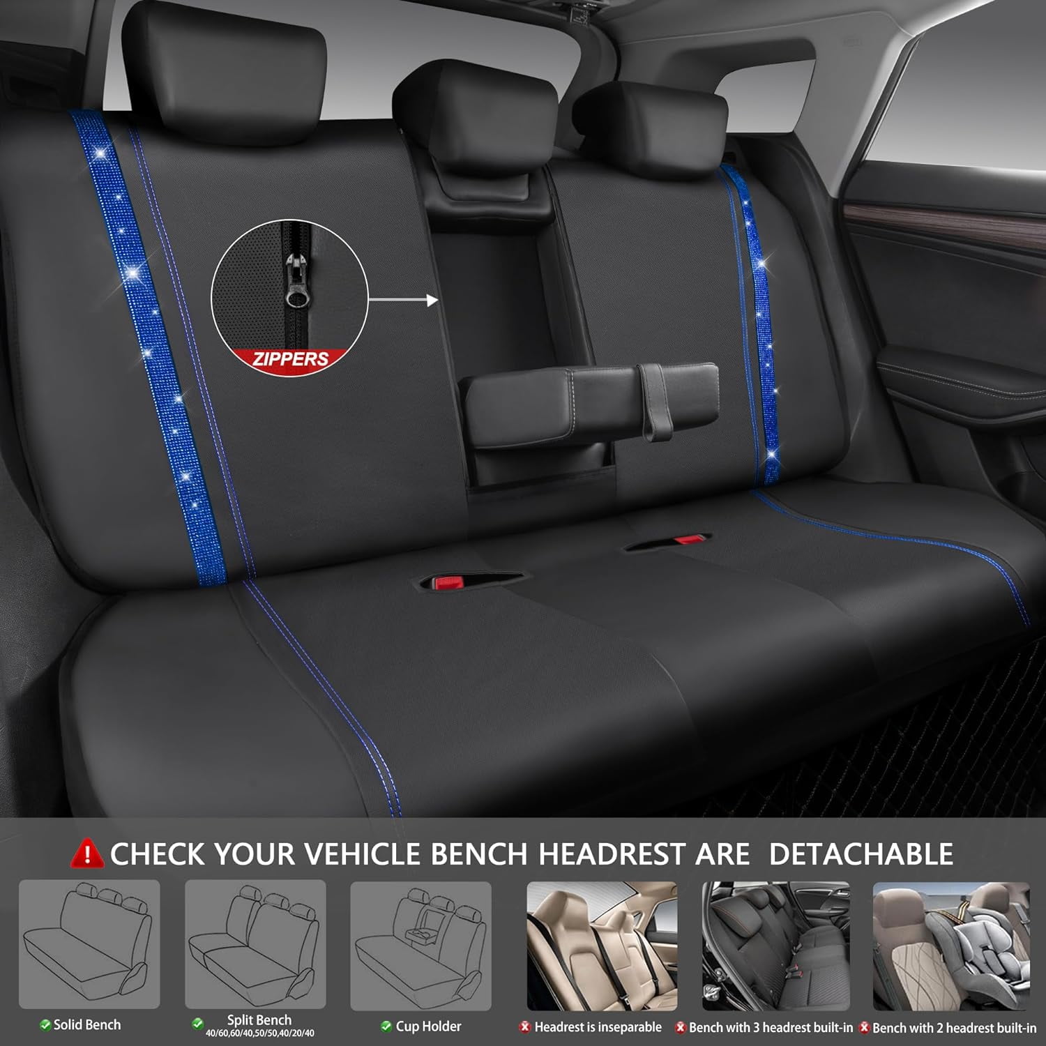 CAR GRAND Bling Car Seat Covers Full Set, Shining Rhinestone Diamond Waterproof Faux Leather, Rear with Zipper, Universal Fit Automotive Glitter Crystal Sparkle Strips for Cute Women Girl, Blue