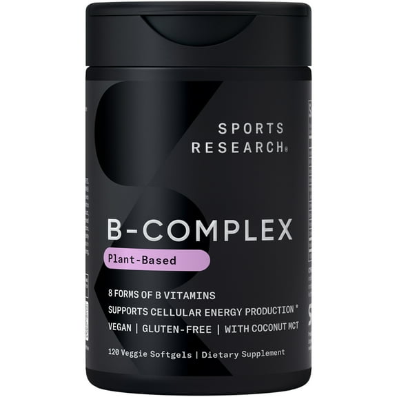 Sports Research® Vitamin B-Complex - Full Spectrum of B Vitamins with Methylated B12 & Folate - Gluten Free · Plant-Based · Non-GMO · Vegan-Friendly Formula - 120 Veggie Softgels