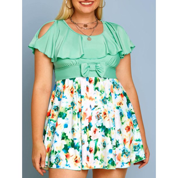 Talla grande con volante Bowknot Estampado floral de dos piezas de traje de baño Rosegal Leggings de talla grande