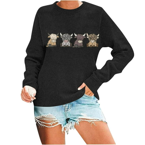 Women Highland Cow Sweatshirt Cute Christmas Print Pullover Country Western Casual Xmas Long Sleeve Tops