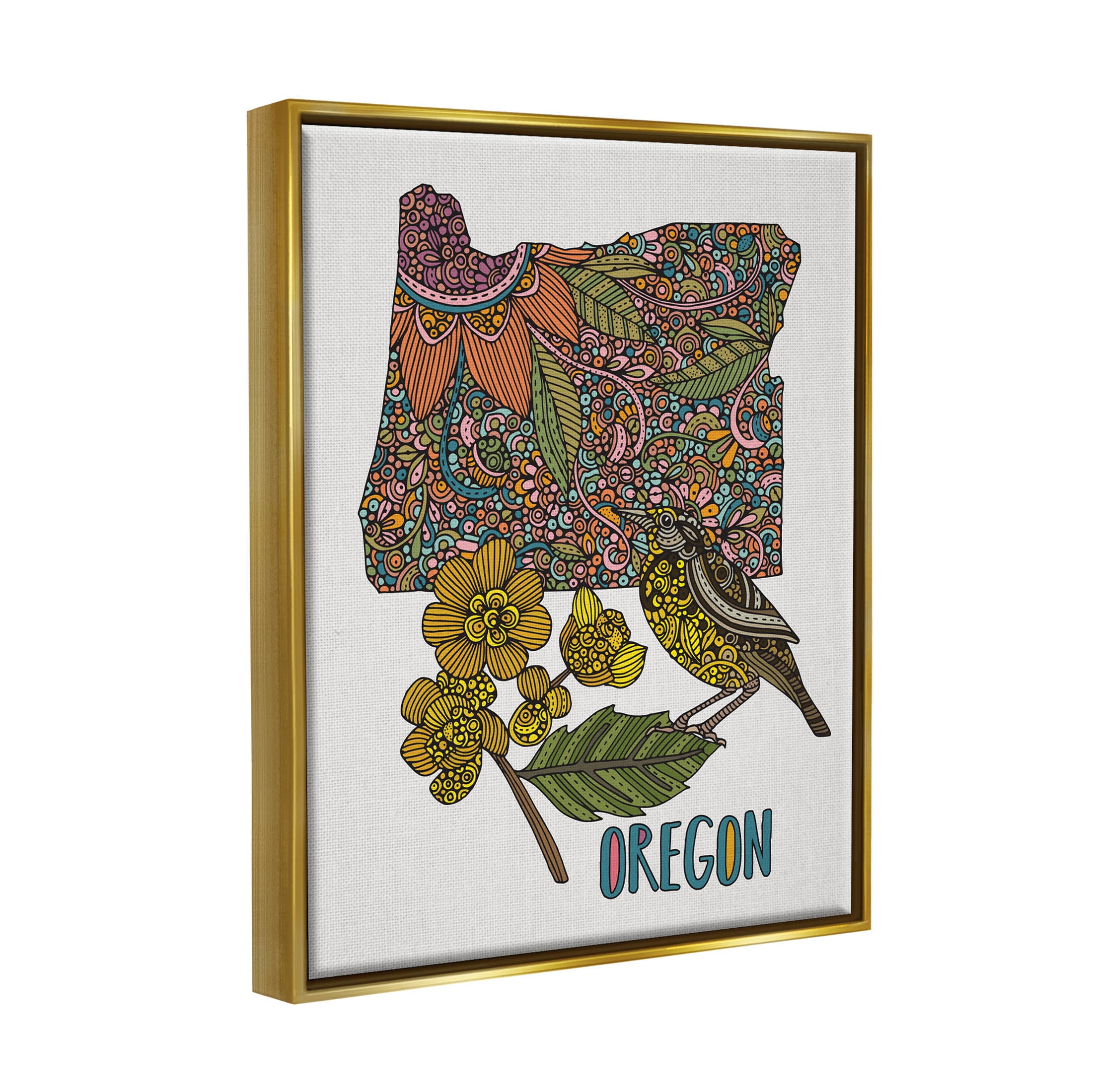 Stupell Industries Oregon State Flower Bird Graphic Art Metallic Gold Floating Framed Canvas Print Wall Art, Design by Valentina Harper