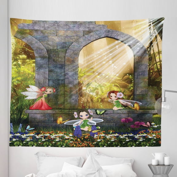 Nature Tapestry, Fairies Playing in the Ruins with Flowers Blossom Butterflies Fantasy Scene, Fabric Wall Hanging Decor for Bedroom Living Room Dorm, 5 Sizes, Charcoal Green Red, by Ambesonne