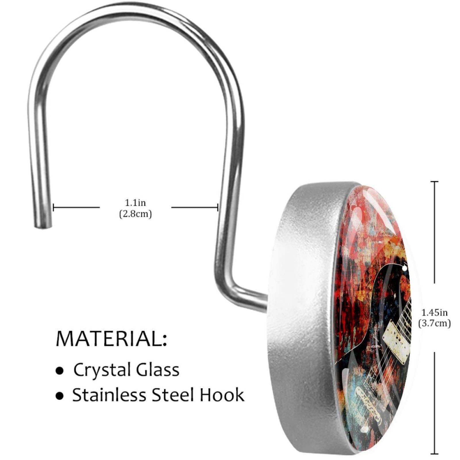 Guitar on Grunge Background Shower Curtain Hooks Round Crystal Glass, Set of 12 Shower Curtain Rings - Shower Hooks for Curtain Shower Rings