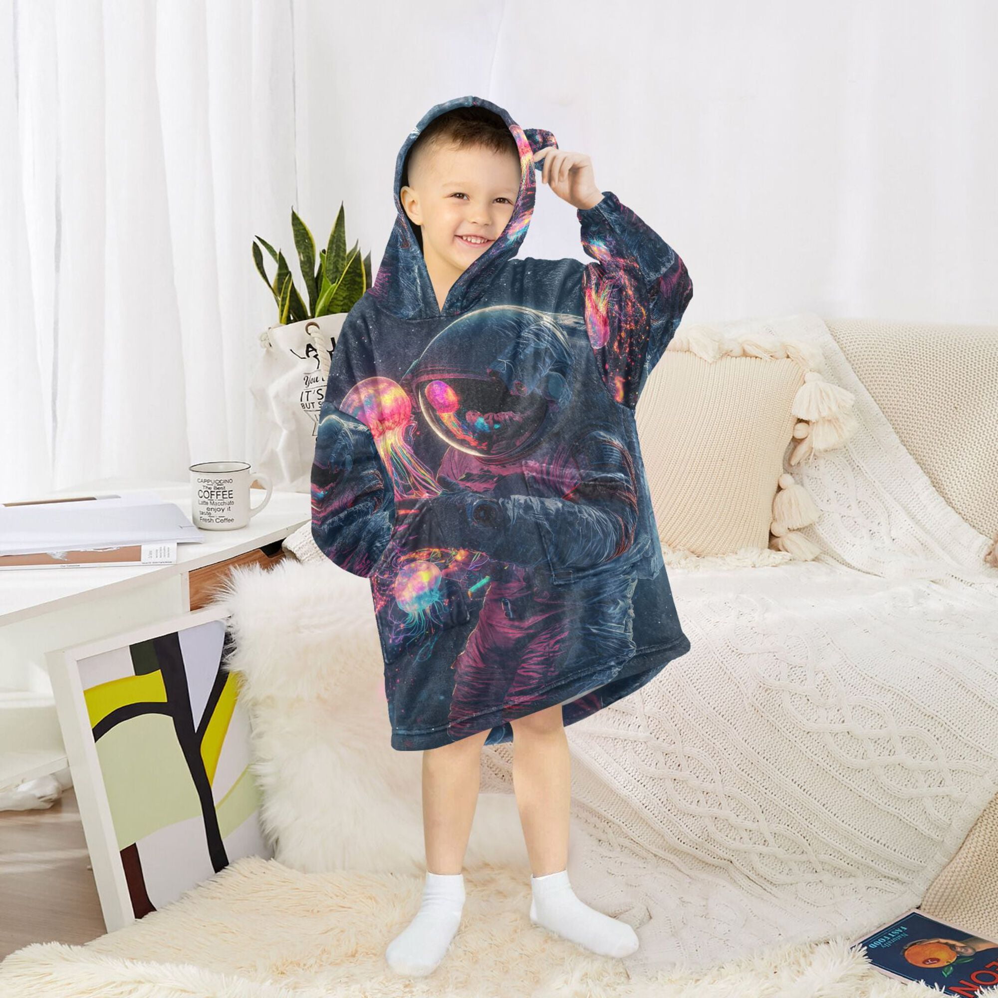 FORMRS Wearable Blanket Hoodie with Sleeves for Kids Cozy Flannel Sweatshirt, Glowing Jellyfish