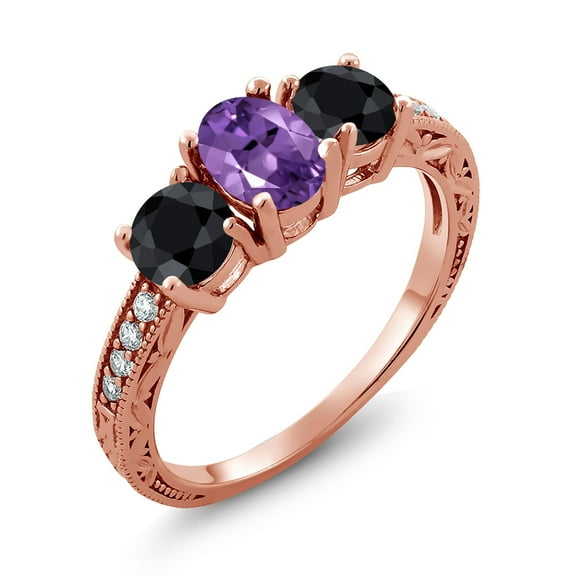 Gem Stone King 2.25 Ct Oval Purple Amethyst Black Sapphire 18K Rose Gold Plated Silver Moissanite Ring (Size 6)