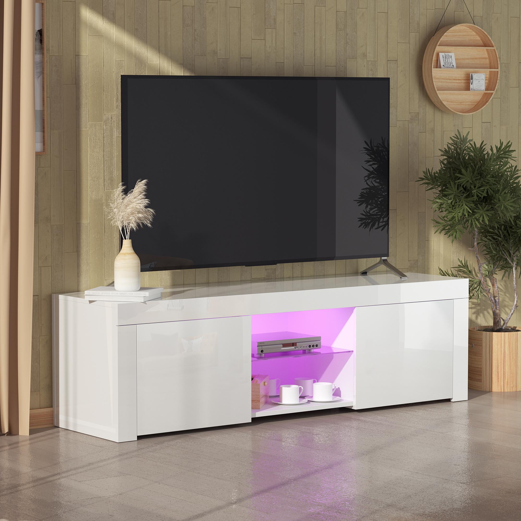 High Gloss 65" TV Stand Unit Cabinet Console Table RC With Colorful LED Light