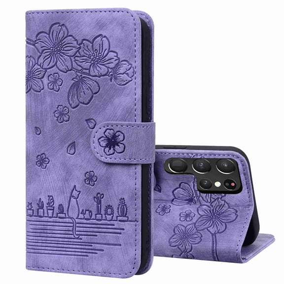 Allytech Wallet Case for Galaxy S22 Ultra, Synthetic Leather ID Cash Credit Card Slots Holder Embossed Clover Patterned PU Leather Kickstand For Samsung S22 Ultra 5G 6.8" 2022, Purple