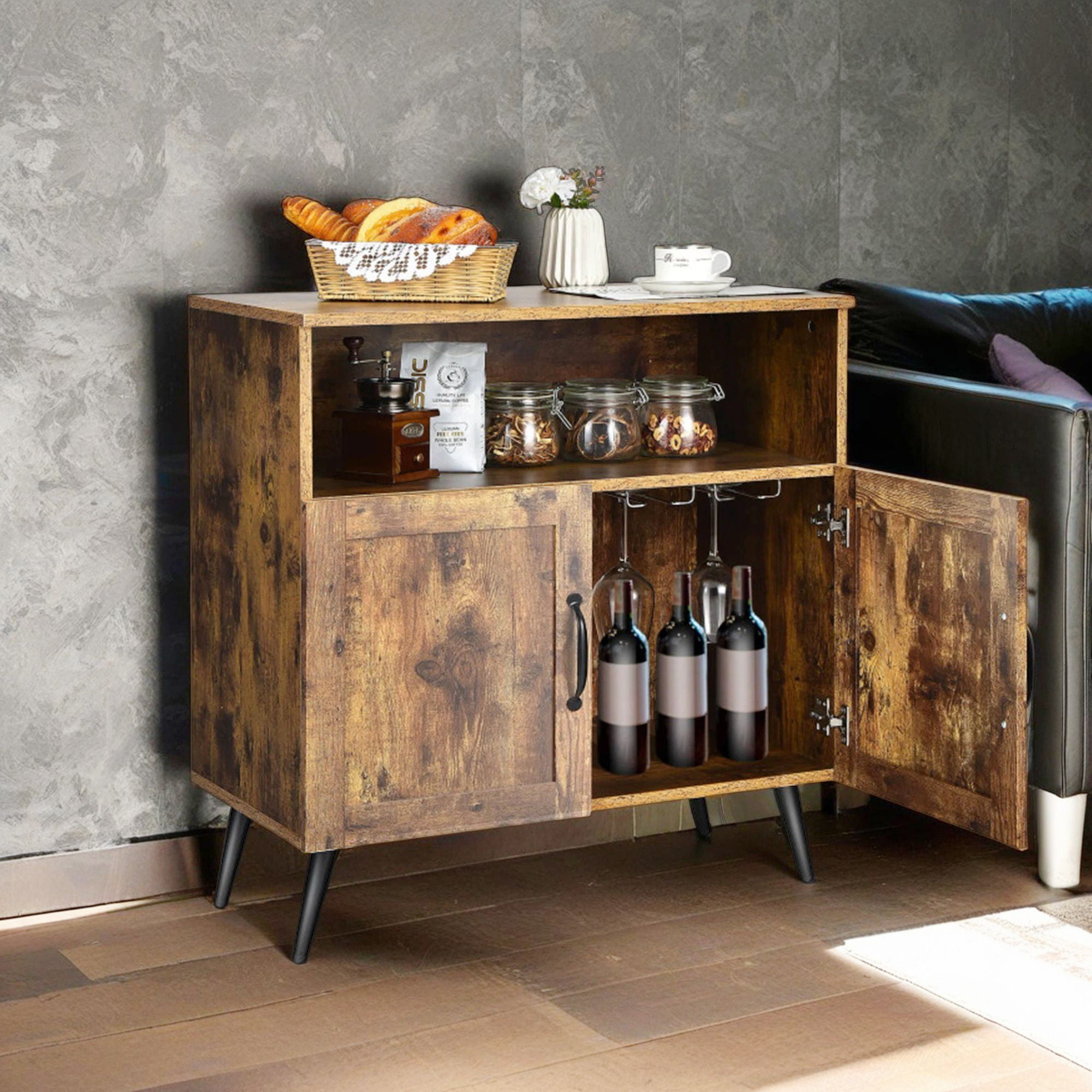 Demi Bonn Kitchen Storage Cabinet, Buffet Sideboard, Mid-century Wooden Storage Cabinet Wine Glass Holders, for Dining Room, Kitchen, Living Room, Brown