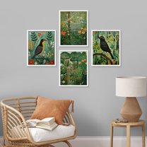 PixonSign Framed Wall Art Birds & Lush Botanicals Vibrant Jungle & Garden Posters, Set of 4 Spring Landscape Canvas Prints, Classic Vintage Multicolor Nature Wall Décor for Home - 11"x14" White