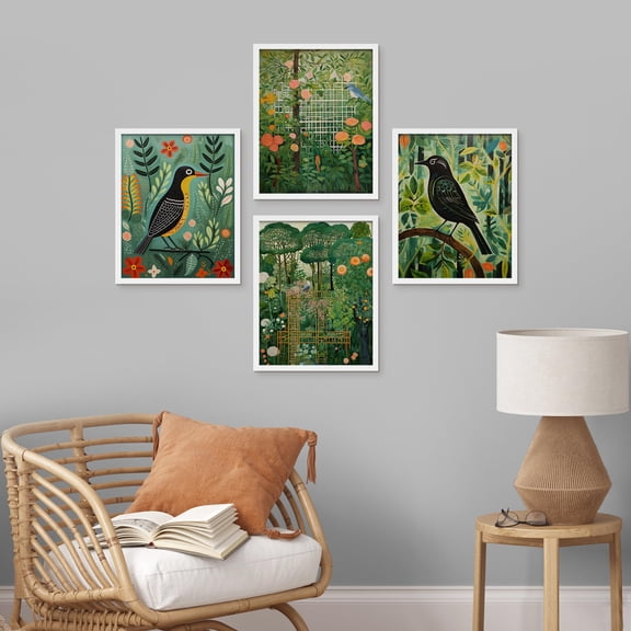 PixonSign Framed Wall Art Birds & Lush Botanicals Vibrant Jungle & Garden Posters, Set of 4 Spring Landscape Canvas Prints, Classic Vintage Multicolor Nature Wall Décor for Home - 11"x14" White