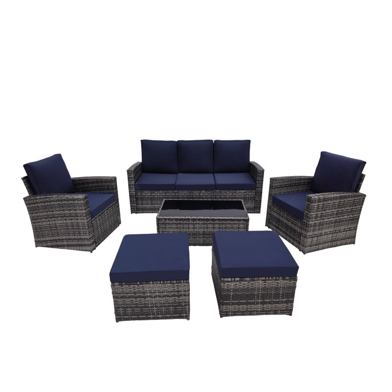 6-Piece Patio Furniture Set with 2 Ottomans, PE Wicker Sectional Sofa Set with Glass Coffee Table, Patio Conversation Set with Thick Cushion for Backyard Lawn
