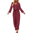 thumbnail image 1 of Traje de pantalón superior para mujer Manga larga Cuello en V Botón Cierre con cordón frontal Trajes de dos piezas Rojo vino XXL, 1 of 4