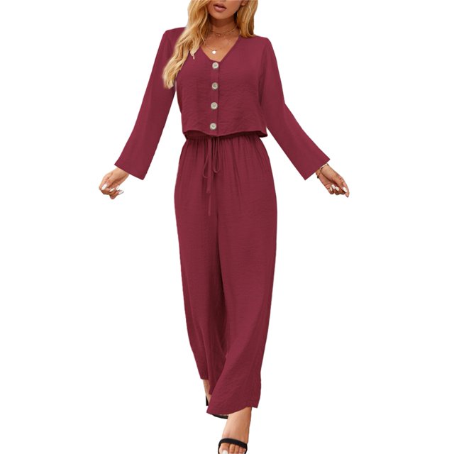 Traje de pantalón superior para mujer Manga larga Cuello en V Botón Cierre con cordón frontal Trajes de dos piezas Rojo vino XXL