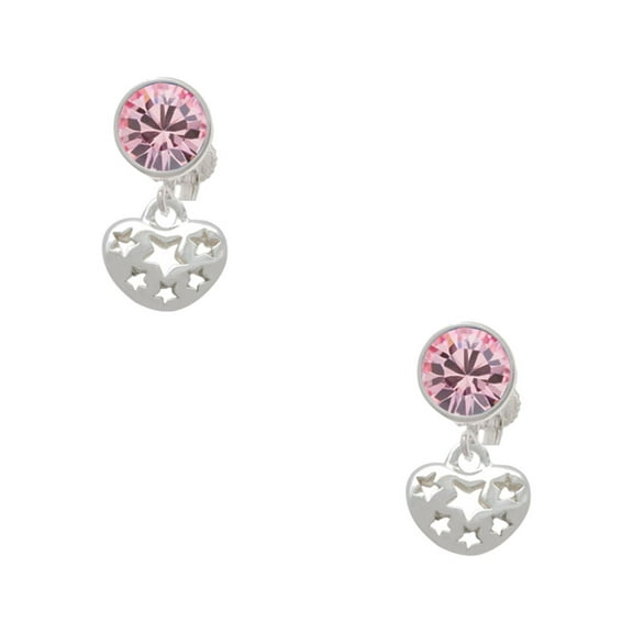 Silvertone Small Heart with Cut Out Stars Pink Crystal Clip On Earrings