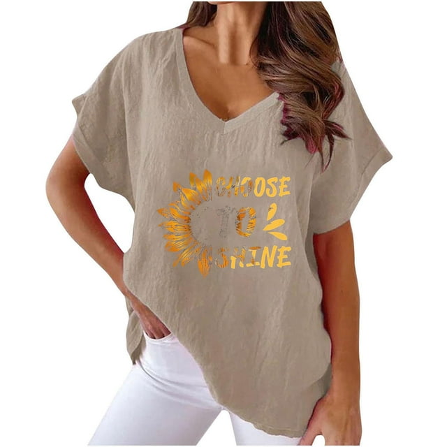 Camiseta de Manga Corta con Cuello en V con Impresión de Girasol, Algodón Casual Y Top de Cáñamo
