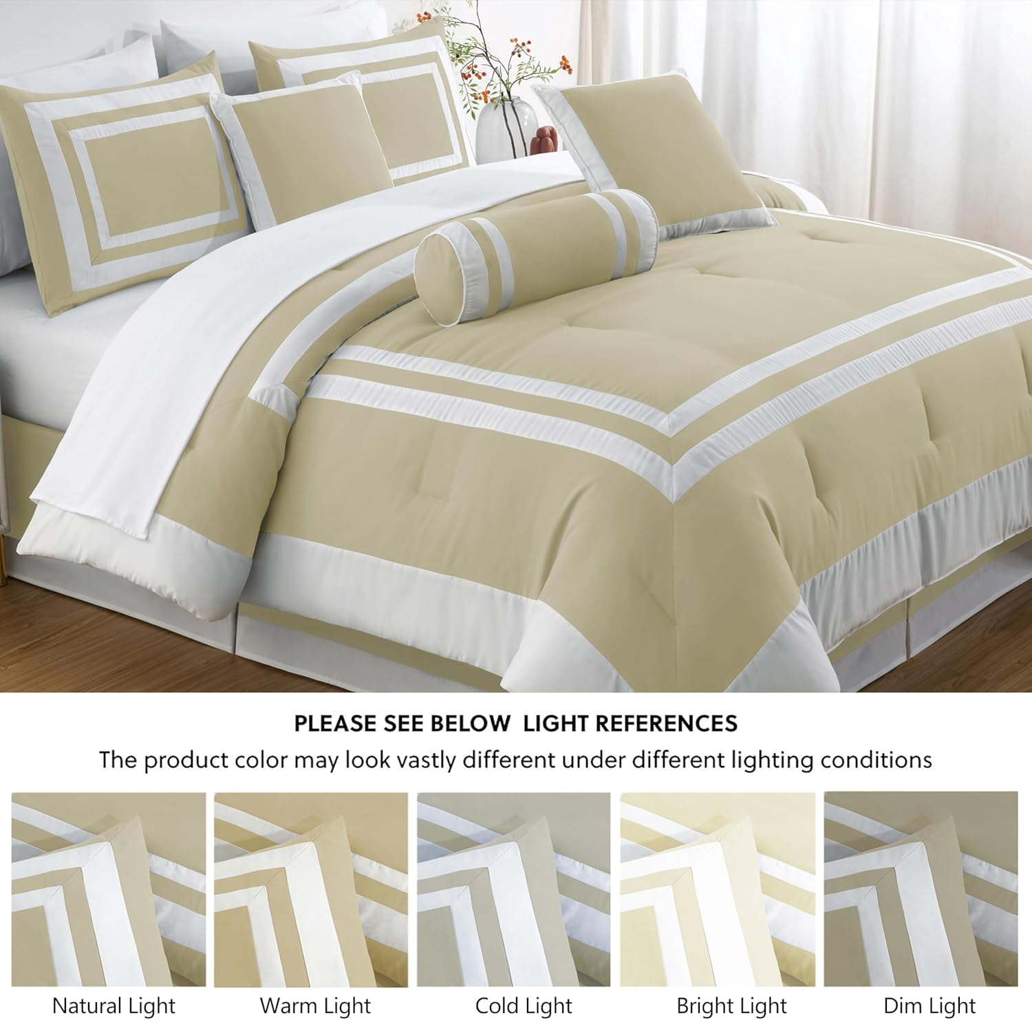Chezmoi Collection Caprice 7-Piece Hotel Style Comforter Set Queen Size, Tan/White Square Pattern Color Block Bedding with Decorative Pillows, Luxurious Lightweight All Season Bed Set