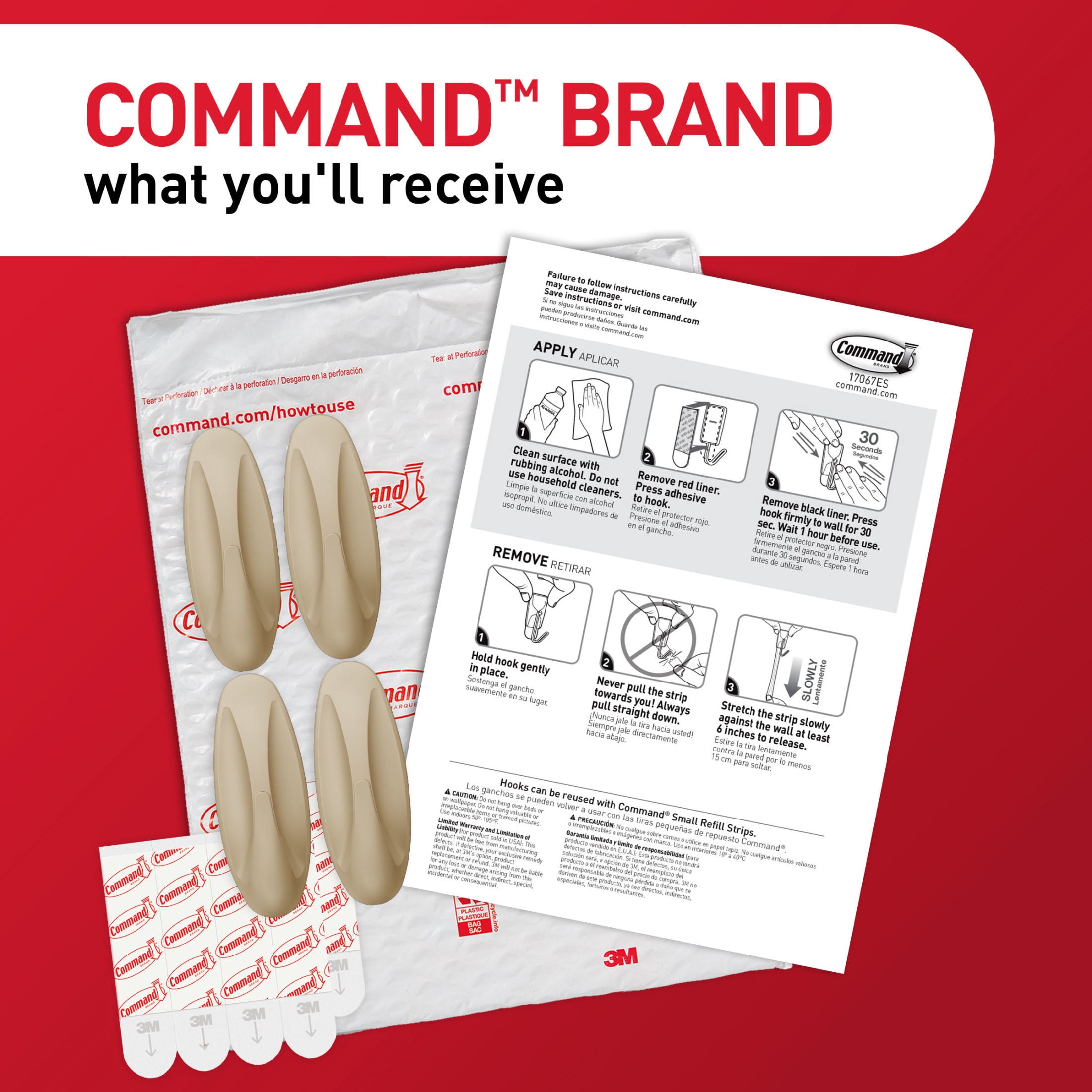 Command Medium Designer Hooks, Latte, Holds 3 lbs, 4 Hooks, 6 Adhesive Strips