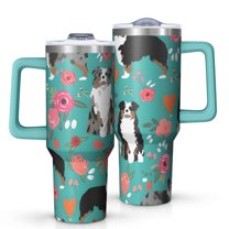 OBREWU Australian Shepherd Floral Tumbler with Handle and Lid,Australian Shepherd Floral 40oz Double Wall Vacuum Insulated Tumbler,Cups Gift for Women and Men