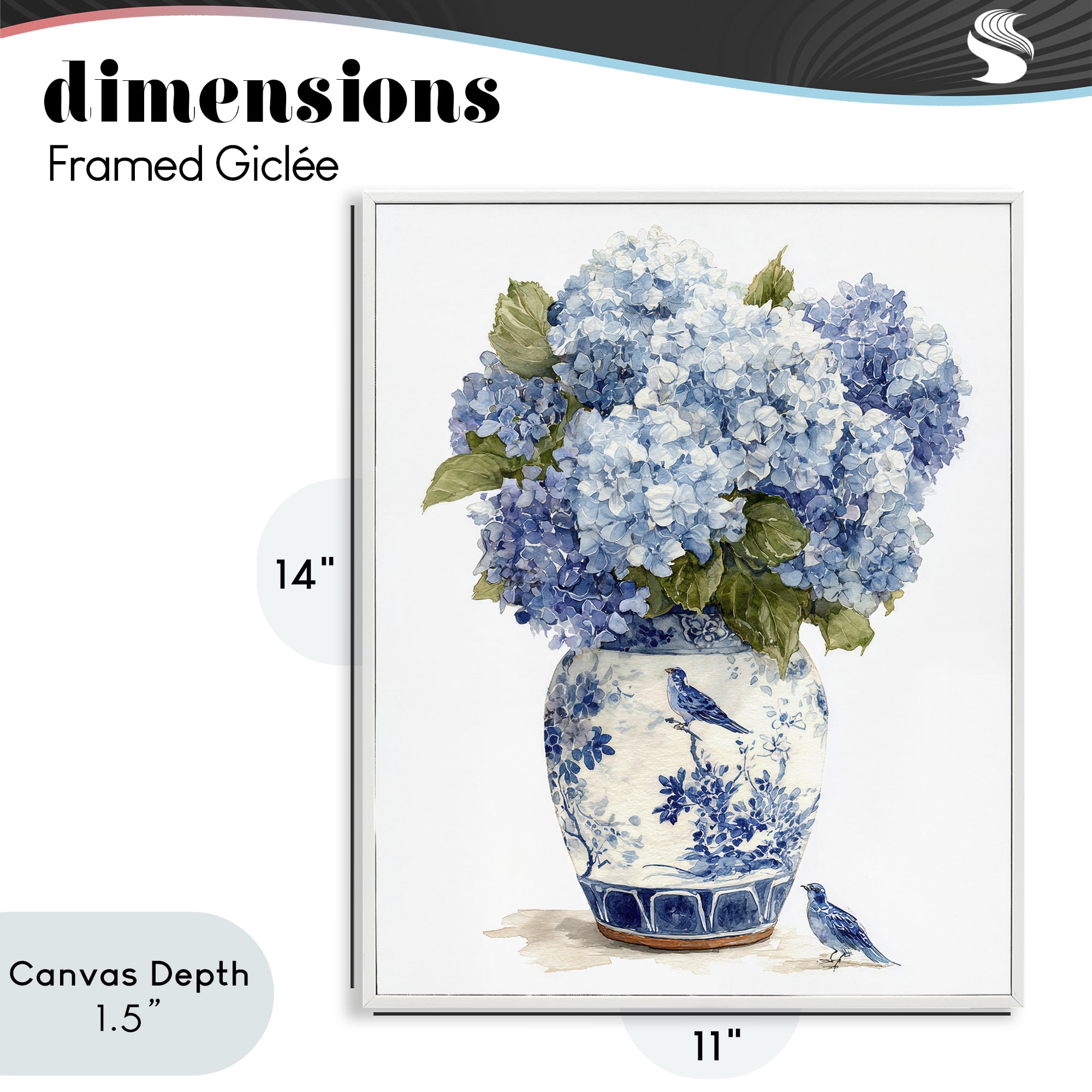 Stupell Industries Blue Bird & Hydrangea Vase White Framed Giclee Art, design by Imagine It Images