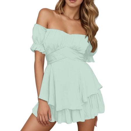 DGMIOCS Women s Dress for Skater A Line Off Shoulder Patchwork Dress with Lined Shorts for Versatile Seasons BU3 XS