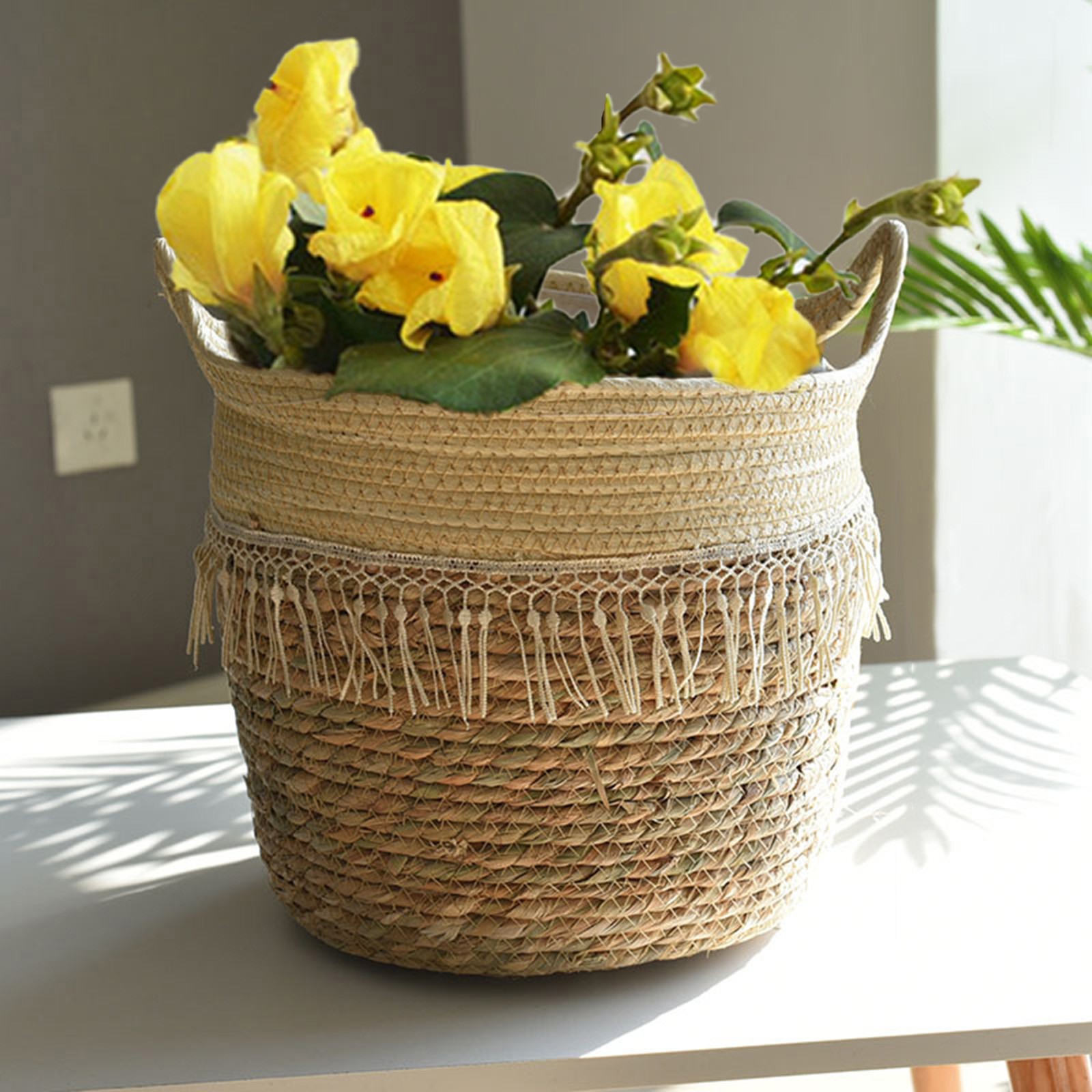 Fdelink Flower Pot Seagrass Wicker Basket Flower Pot Folding Basket Storage Basket Decoration