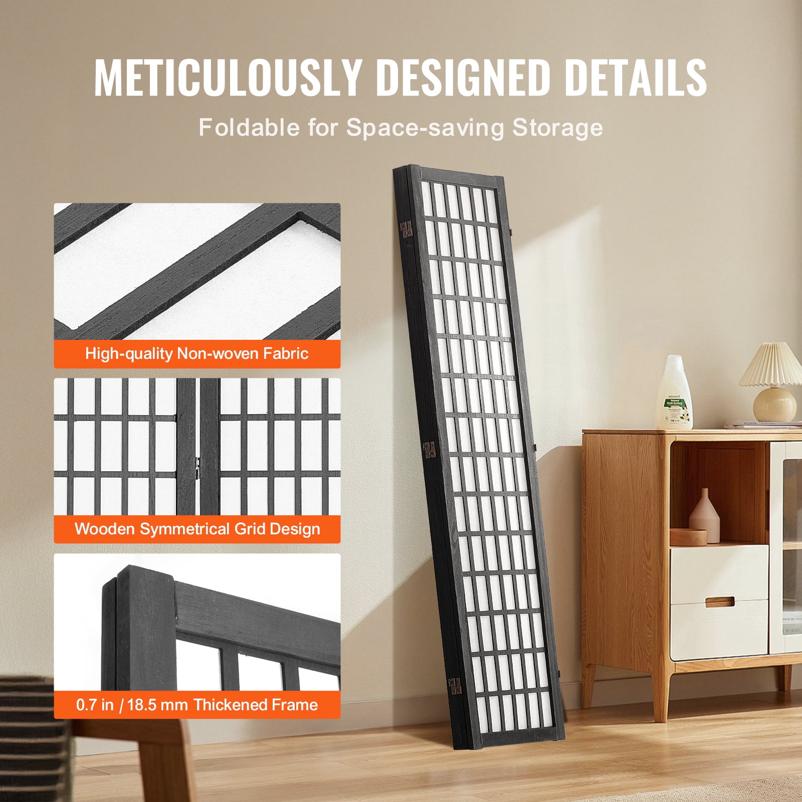 KFFKFF Partition Screen, Quadruple Panel Oriental Room Separator, Indoor Foldable Wooden Privacy Barrier, Portable Decorative Dividers, Ideal for Home Office, Dining Area, and Sleeping Quarters